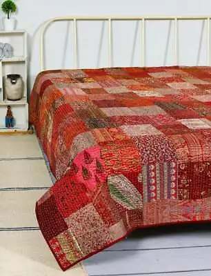 Silk Patola Patchwork Indian Handmade Queen Cotton Kantha Quilt Throw Bedspread • $72