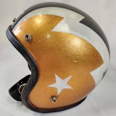 Vintage 1960 Gold Black White Metal Flake Stars Lightning Bolt Motorcycle Helmet • $50