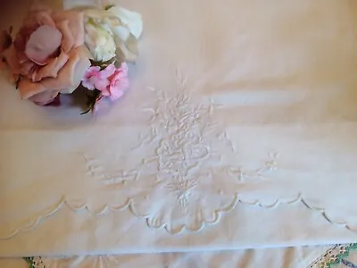 £10 • Buy Vintage Empres Pillowcase Hand Embroidered White Work & Scalloped Edge