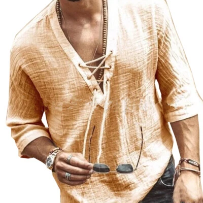 $14.91 • Buy Mens V-Neck Tops T Shirts Casual Loose Henley Long Sleeve Cotton Linen Blouse