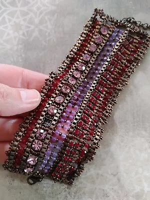 Vintage Woven Bead Bracelet Purple Crystal Rhinestone Copper Tone Adj To 8 1/2  • $39.99