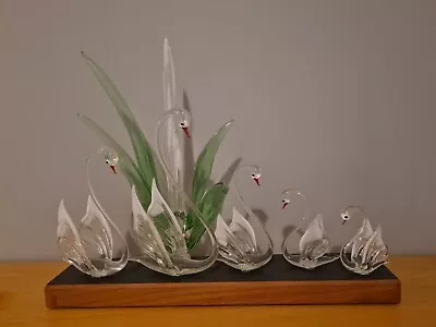 Large Glass Swans With Reeds Ornament Wooden Stand Included (vintage) • £10