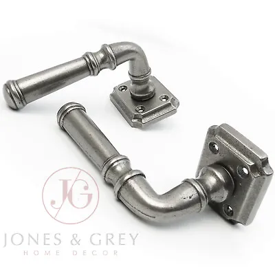 £16.99 • Buy Antique Pewter Effect Cast Iron Lever Door Handles On Rose Vintage Period Style