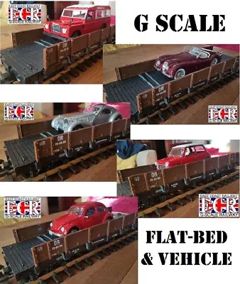 GREEN G SCALE FLATBED & 1:24 DIE-CAST VEHICLE VEHICLE RAILWAY 45mm GAUGE TRAIN • £22.95