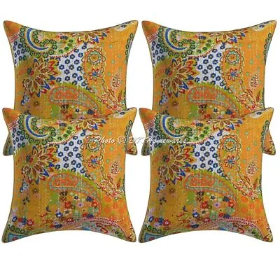 Decorative Cotton Throw Pillow Covers Set Of 4 Kantha 40x40 Cm Paisley Cushion • £22.76