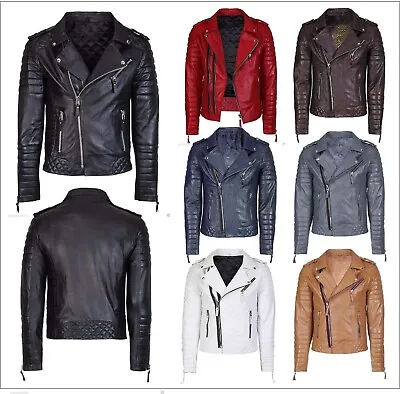 Men's Brando Real Leather Moto Biker Jackets - Motorcycle Slim-Fit All Sizes Man • $69.99