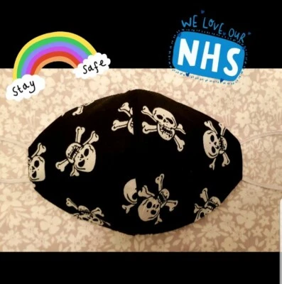 £6 • Buy Adults Black Skull Face Mask Protection Reversible Washable Double Layer Cotton 
