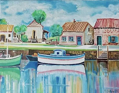 Boats On Canal In Village - Billy Baker Oil Painting 9x12” Stretched Canvas OOAK • £39