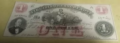 1862 $1 Obsolete One Dollar Commonwealth Of Virginia Treasury Note Richmond Va. • $9.95