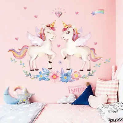 Cartoon Unicorn Heart Wall Sticker Personalised Kids Room Decal Animal Wallpaper • $11.39