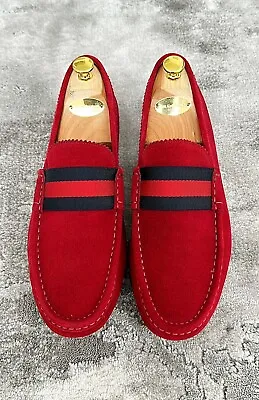 $385 • Buy Authentic Gucci Web Burgundy Suede Leather Mens Loafer US9.5 EU43 UK9