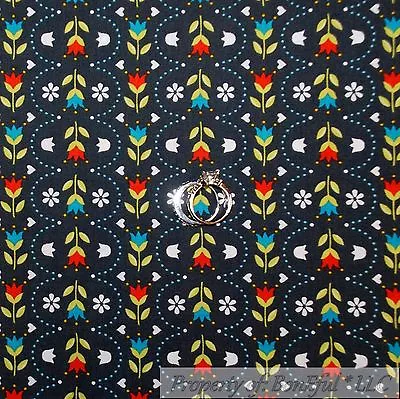 BonEful Fabric FQ Cotton Quilt Navy Blue Red White Flower Tulip Small Stripe USA • $4.38