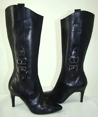 Via Spiga Lyra Black Leather Tall Stiletto Boots Buckle Size 8    C117 • $59.99