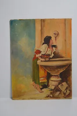 $125 • Buy Vintage Oil Painting On Canvas Board  At The Fountain  A.E. Price Italian Sicily