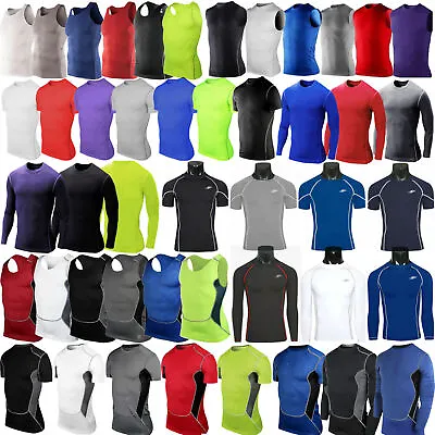 Mens Compression Long/Short Sleeve T Shirt Tops Fitness Muscle Vest Tee Sport 4/ • £12.12