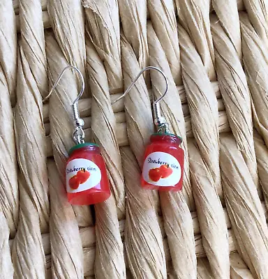 Cute Earrings Strawberry Jam Jar Red Dangle Drop Hook Novelty Jewellery Gift • $5.76