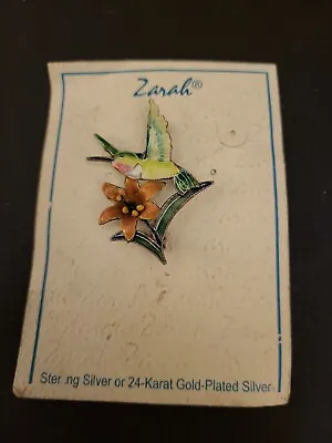 Zarah Enamel Over 925 Sterling Silver Pin Animal Brooch - Hummingbird Flower  • $37