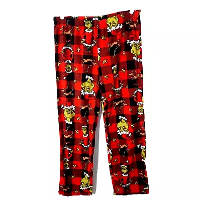 Dr Seuss The Grinch Pajama Pants Large Christmas Plaid Fleece Max Pull On Red • $17.22