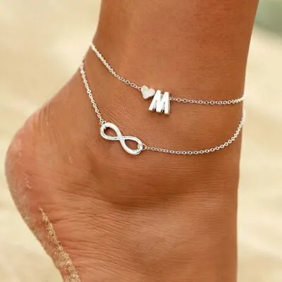 £2.22 • Buy Boho Multi-layer Silver Initial Letter Heart Chain Anklet Bracelet Beach Jewelry