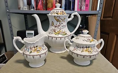 English Staffordshire Classic White Hand Engraved Teapot Cream & Sugar Set  • $375