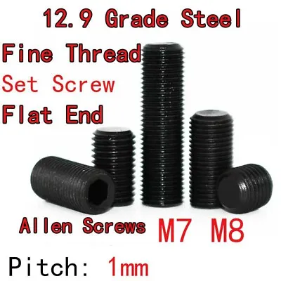 M7 M8 Allen Screws Black 12.9 Grade Fine Thread Set Screw Headless Flat End Bolt • $14.99