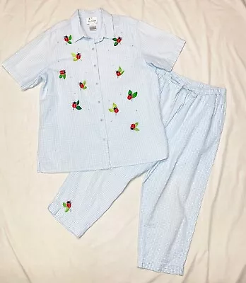 QUACKER FACTORY 2-Pc. Embroidered Blue White Seersucker SS Shirt And Pants 1X • $30