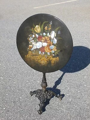 Antique Cast Iron Inlaid Mother Of Pearl Tilt Top Table - Brass Castors - Inlay • $795