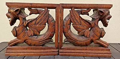 Antique PAIR French Pillars Wood Carved Gothic Griffin Dragon Lion Cabinet 19th • $649