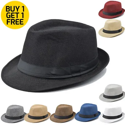 Women Men Straw Fedora Hat Trilby Cuban Cap Summer Beach Sun Panama Short Brim • $15.99