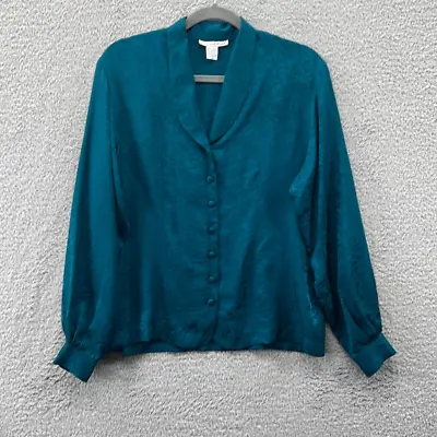 Vintage Silk Floral Button Front Teal Blouse Top M Academia Modest Secratary • $9.94