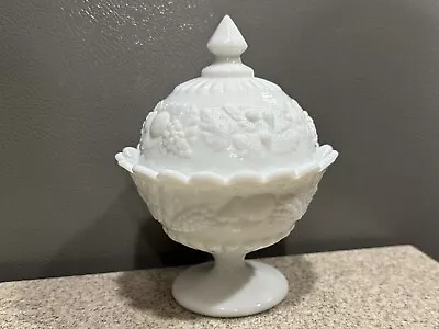 Westmoreland Milk Glass Grape Fruit Pedestal Compote Candy Trinket Dish W/Lid • $24