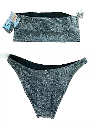 Victoria's Secret M PINK Swimsuit Black Silver Bandeau Top Sexy Brazilian Bikini • $42.50