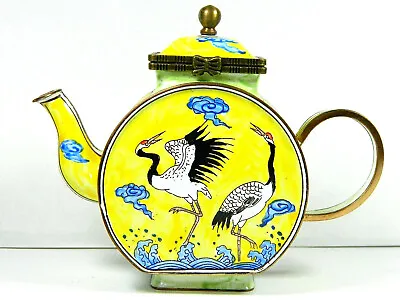 Cloisonne Enamel Teapot Pot Hand-Painted A Pair Of Red-Crowned Cranes Birds • $29.99