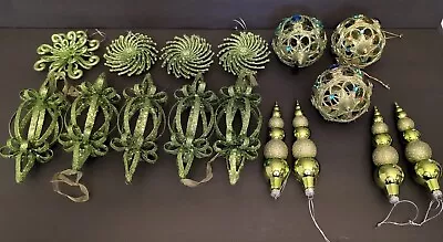 Set Of 17 Green Victorian Glitter Metal And Plastic Ornaments • $24.95