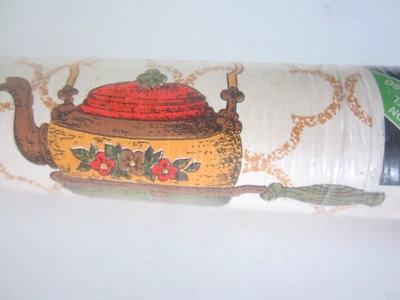£13.36 • Buy Vintage VINYL WALLPAPER Mid Century Modern 60s Kitchen TeaKettle Olive Gold Red