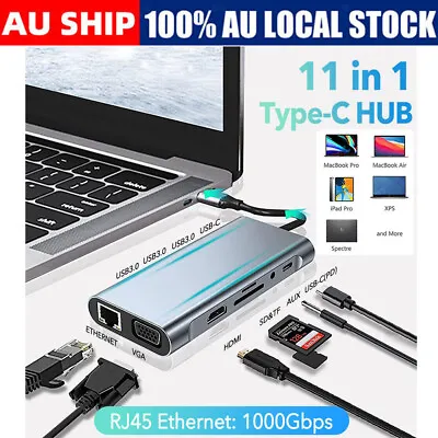 $43.99 • Buy 11 In 1 USB C Hub 4K HDMI Adapter VGA Dongle 3 USB 3.0 Ports SD/TF Type C PD AUX