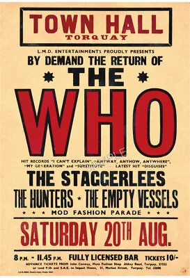 The Who POSTER 1970s VINTAGE Music Gig Retro Art Print A3 A4 Town Hall Torquay • £5.99