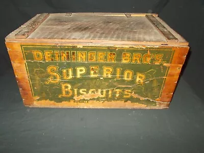 Vintage DEININGER BROS. BISCUITS Wood Crate W/ Lid • $19.99