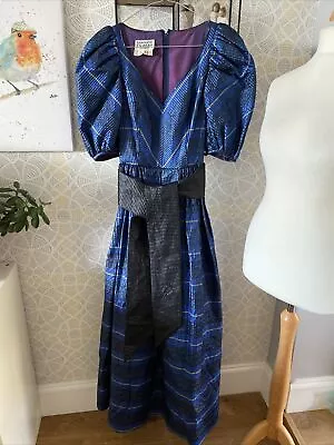 Caroline Charles Silk Dress Blue Checked Puff Bow New Romantic Size 8 Vintage • £59.99