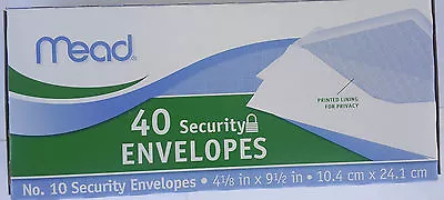 SECURITY BUSINESS ENVELOPES #10  4 1/8  X 9 1/2  White 40 Envelopes/Box MEAD • $3.49