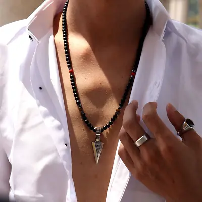 Men's Fashion Jewelry Tiger Eye Stone Beaded Arrow Pendant Necklace 1-137 • $14.36