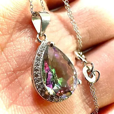 925 Sterling Silver Rainbow Mystic Topaz Pendant Necklace Pear Cut 18  Created • $17.97