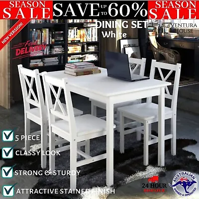$489.97 • Buy 5 Pcs Dining Table And Chairs Set 4 Seater  Kitchen Furniture White Solid Wood