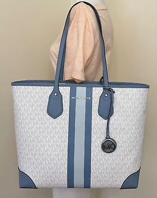 Michael Kors Eva MK Signature PVC Chambray Blue Multi Large Tote With Pouch • $154.98