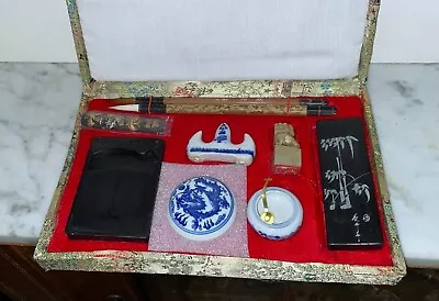 Original Vintage Chinese 10 Piece Cased Calligraphy Set - Seal Inkstone Etc • $40