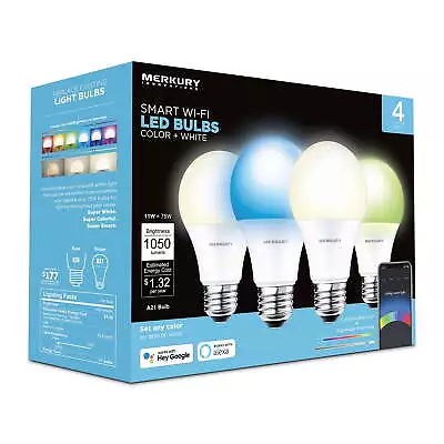 Merkury Innovations Dimmable 75W Equivalent Wi-Fi Smart Bulb Color (4 Pack) • $26