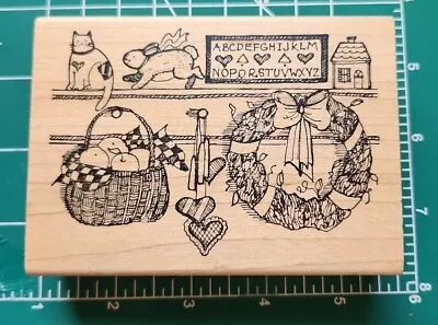 Vintage: Delifield Rubber Stamp- Old Country Wall Shelf- Apples - ABC's.. B10  • $5.99