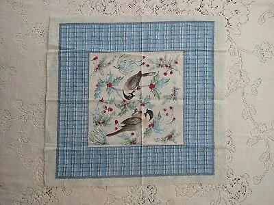 Vintage Fabric Pillow Panel Birds Chickadees Blue Berries Pine 17  • $4.99