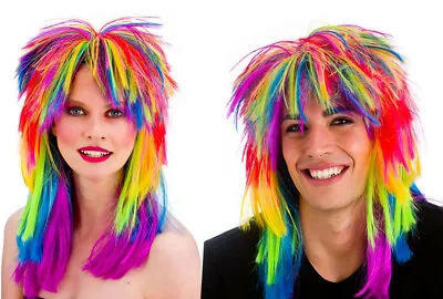 1980's Unisex Rainbow Punk Rocker Spikey Glam Gay Pride Long Fancy Dress Wig • £12.95