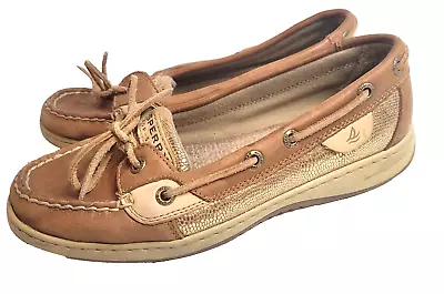 Sperry Topsider Boat Shoes Womens 7.5M STS90752 61428 Tan Leather Gold Sequins • $12